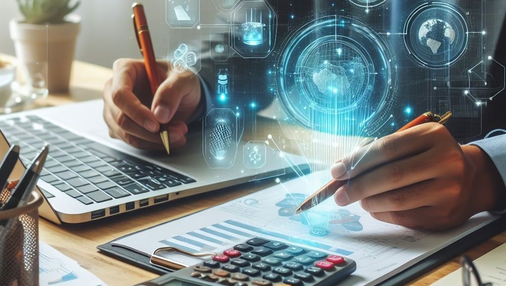 a man in a suit and tie is sitting at a desk with a calcula