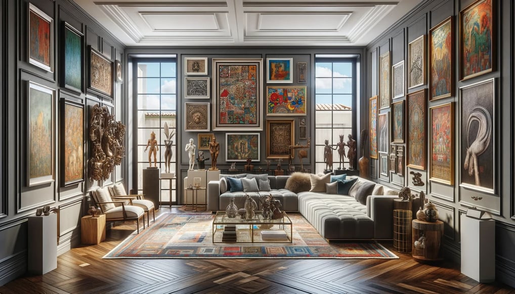 Espaço de um colecionador de arte brasileiro, com uma mistura eclética de pinturas e esculturas