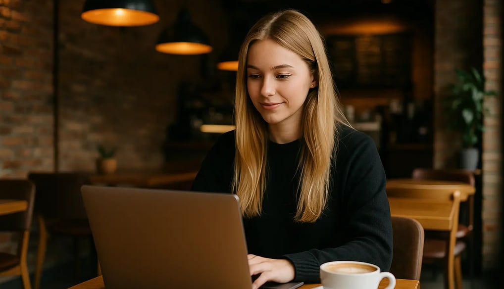 a woman sitting at a table with a cup of coffee and lap top