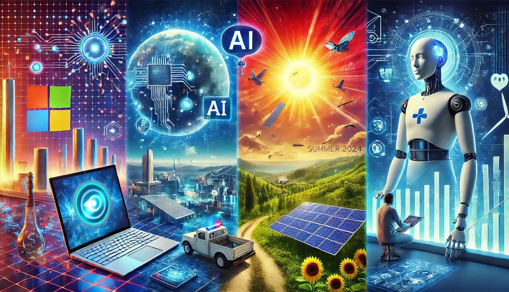 Panoramic collage divided into four images: Microsoft Copilot+ PCs, solar cells, AI-enhanced cybersecurity, AI diagnostics
