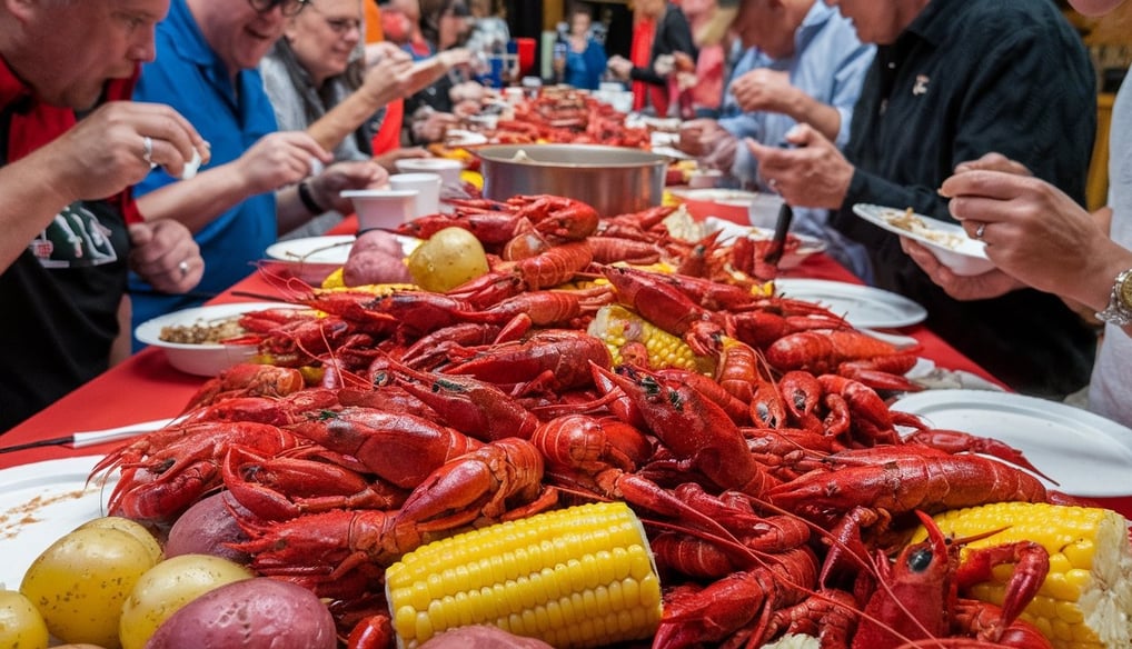  a long table piled high with perfectly boiled crawfish, corn, potatoes, and sausage, all spiced to 