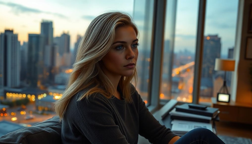 a woman sitting on a couch in an office