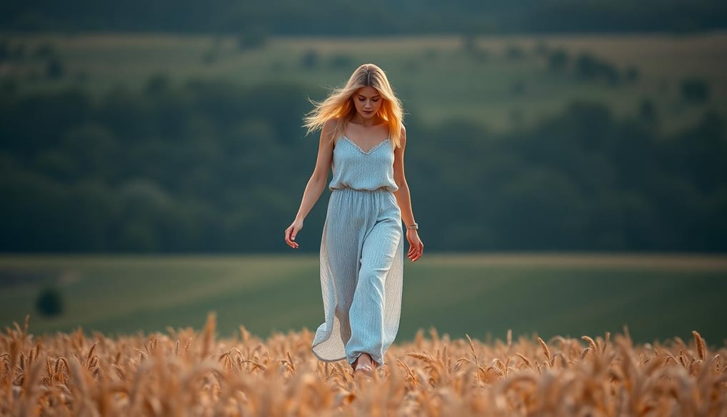 a woman in a blue jumpsuit walking through a field