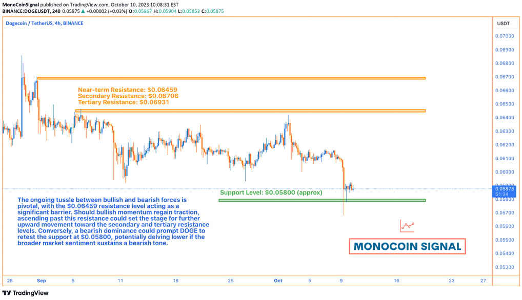 A graphical analysis of Dogecoin's price movement, highlighting the resistance level at $0.06459, th