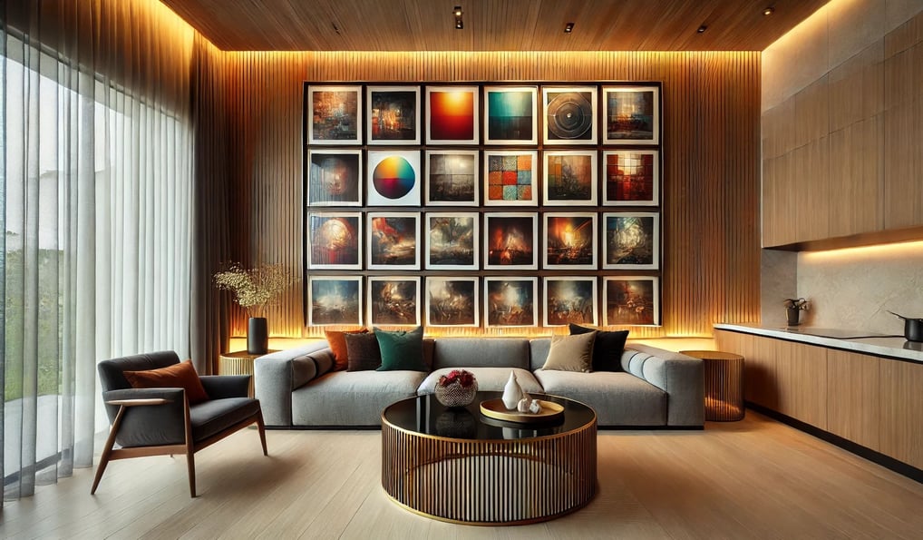 Sala de estar moderna com galeria de quadros coloridos na parede principal, sofá cinza, mesa de cent