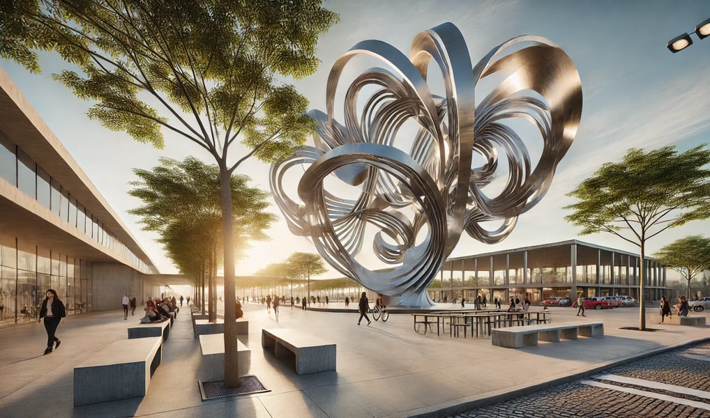 Praça urbana com escultura em aço.