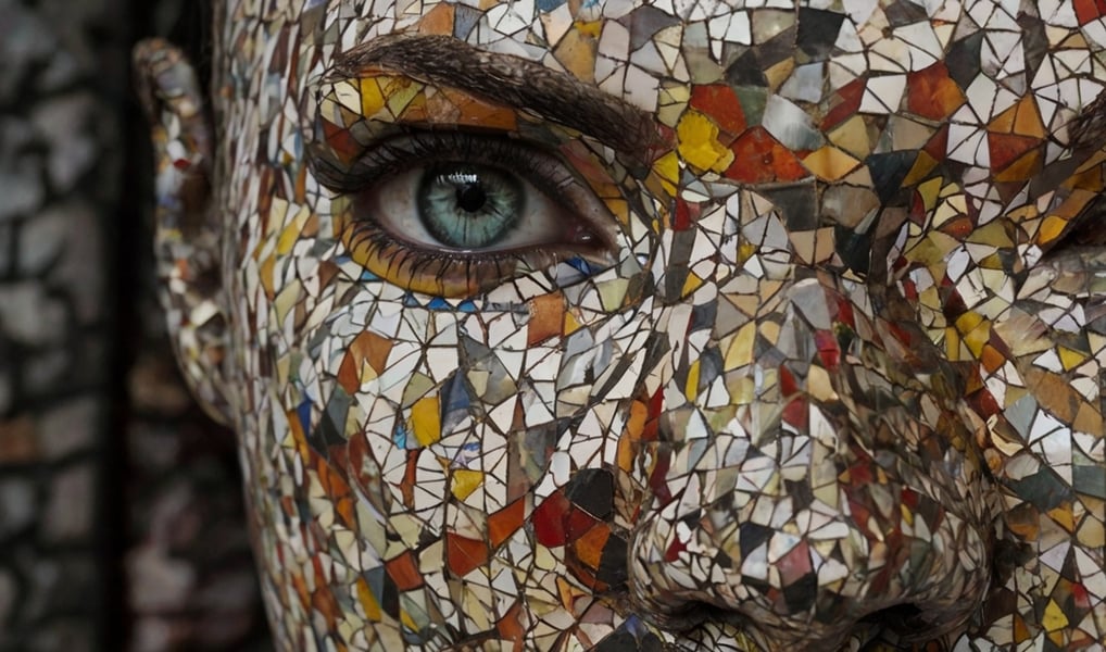 Imagem que mostra um rosto de uma mulher com aplicação de pedaços azulejos no rosto, arte moderna.