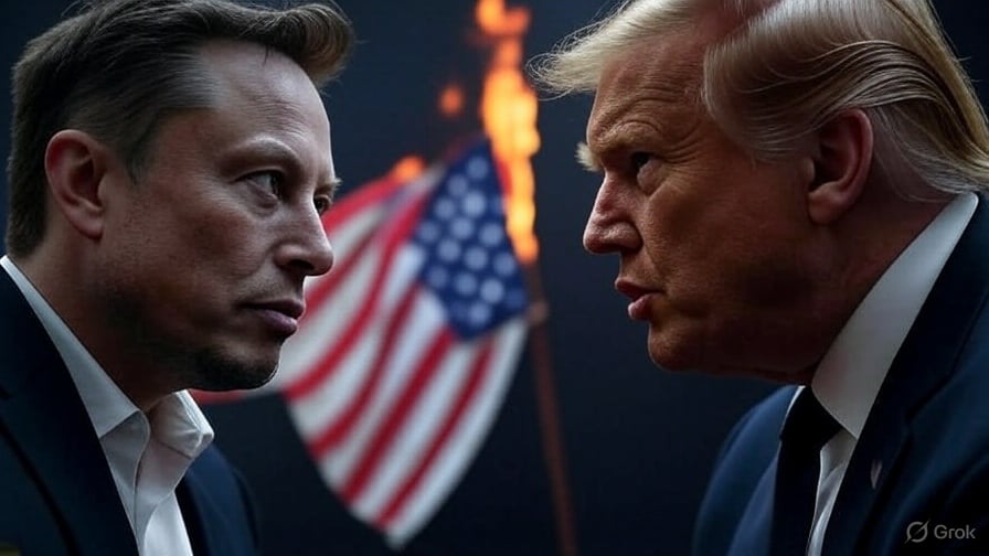 Create an image of Elon Musk and Trump fighting, with the American flag burning in the background. is burning on the backgrou