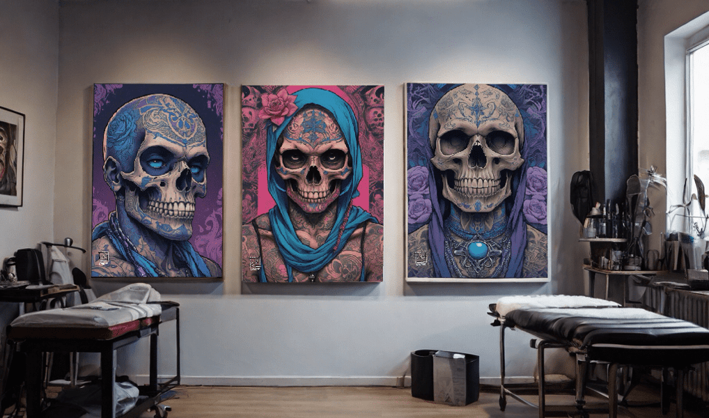 Detalhe artístico nas ilustrações Cavérik, elevando a estética e a energia do estúdio de tatuagem.
