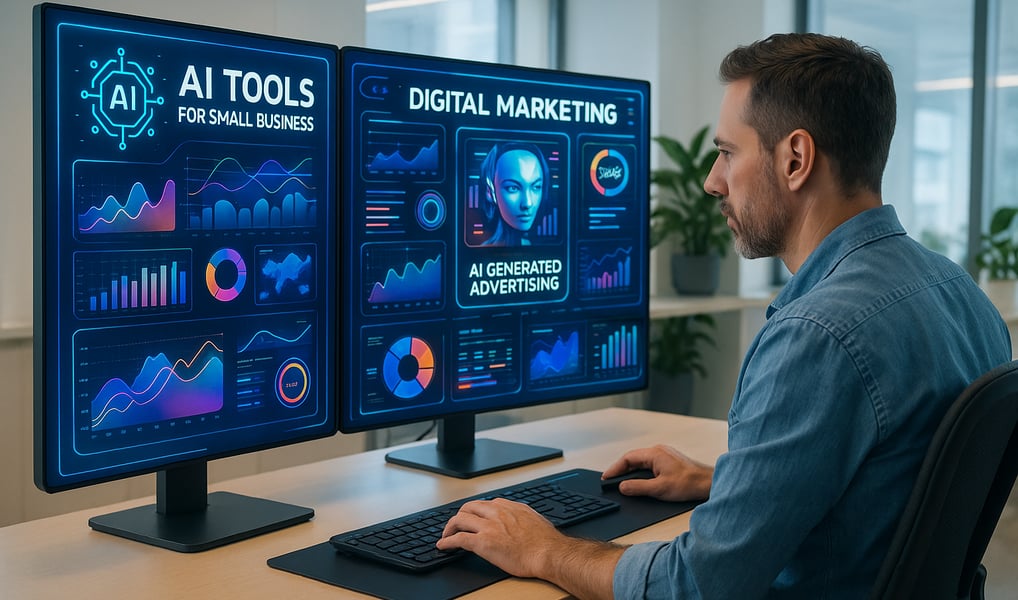 Man using AI tools for small business marketing on dual screens.