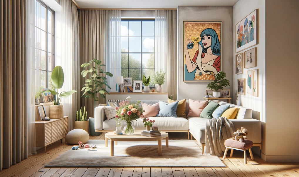 Sala de estar elegante com uma parede decorada com quadros de POP-ART, misturando arte moderna