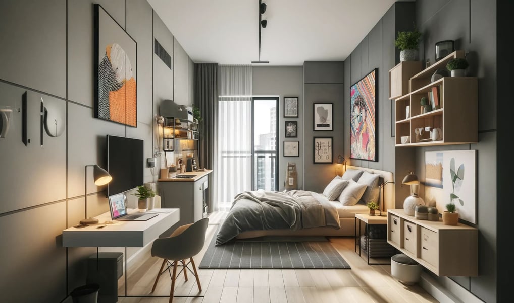 Quarto com decoração moderna, apresentando um quadro de POP-ART como peça central acima da cama.