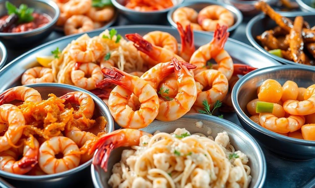 a tray of food with shrimp and noodles