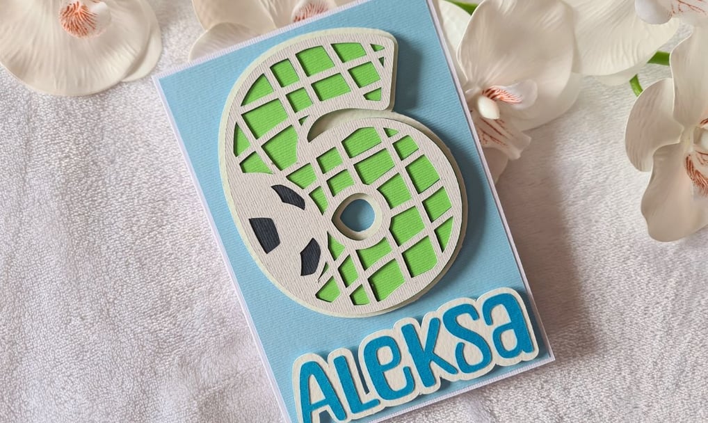Birthday card featuring a 3D number "6" with a soccer ball theme on a blue background, "Aleksa" in b