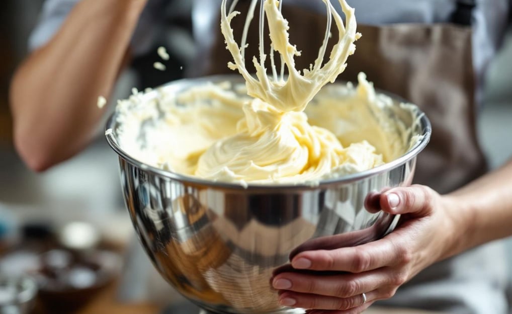 a person holding a large metal bowl with whipped butter