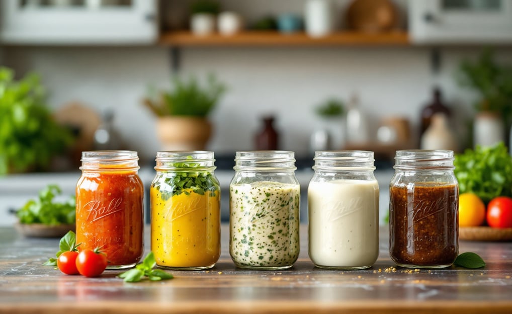 5 homemade salad dressings in mason jars sitting on a countertop in a kitchen 