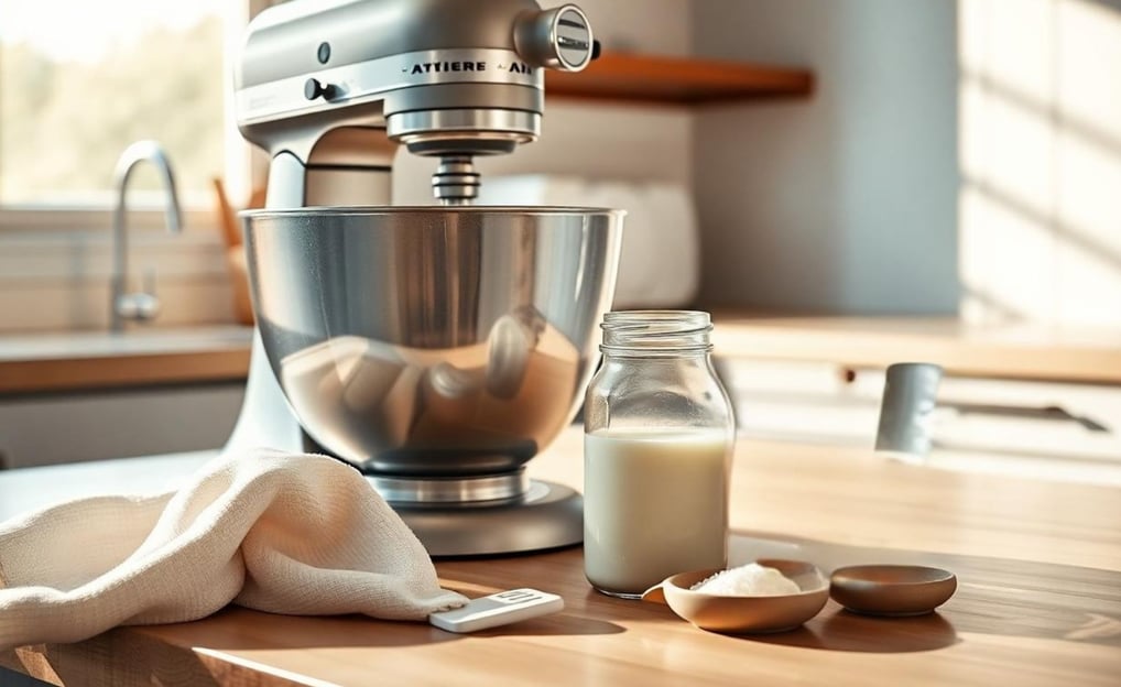 a kitchen counter top with a mixer and a glass of milk