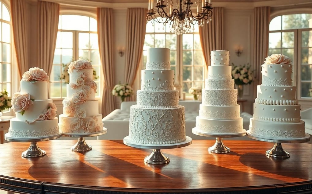 a table with a bunch of wedding cakes