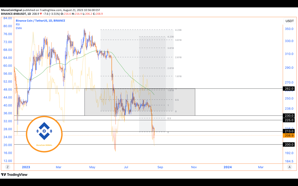 Binance Coin's price chart displaying the breach of the channel's lower boundary, the transformation