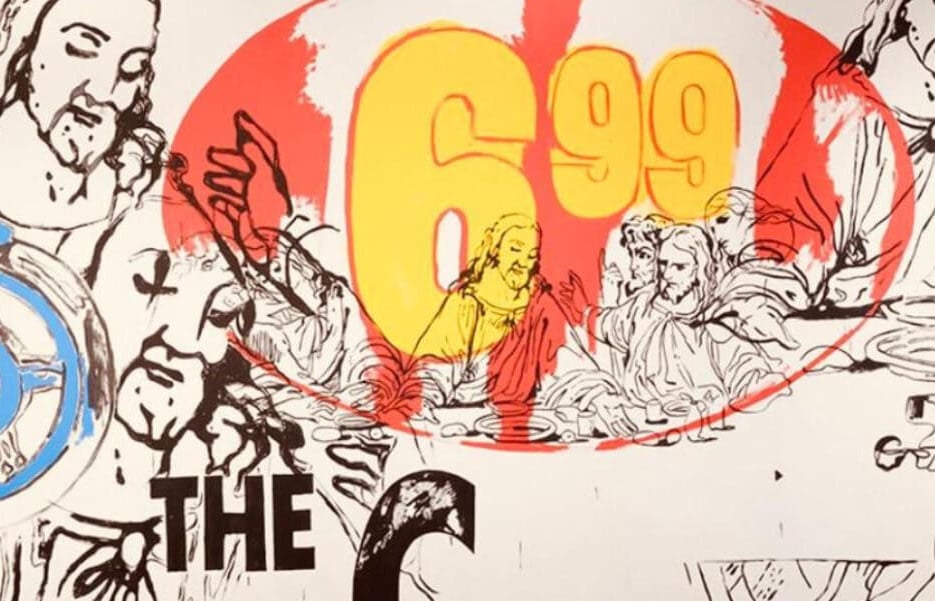 Colagem pop art com números "699", rostos religiosos e elementos gráficos. After the Last Supper (69