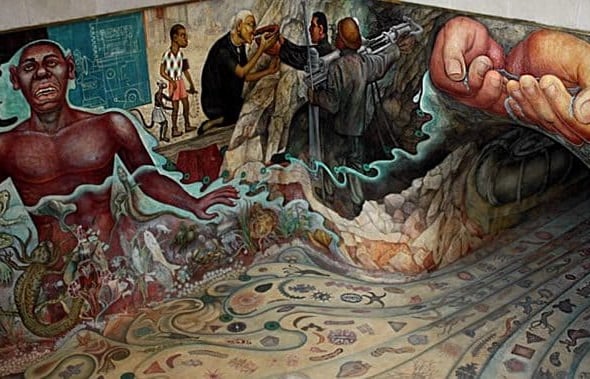 Detalhe de um grande mural complexo de Diego Rivera, mostrando uma mão gigante derramando água