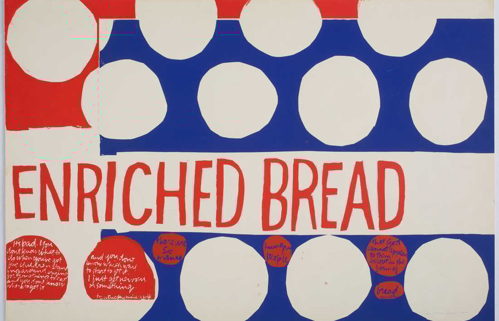 Serigrafia colorida e vibrante de Sister Corita Kent, com texto inspirador e design gráfico arrojado