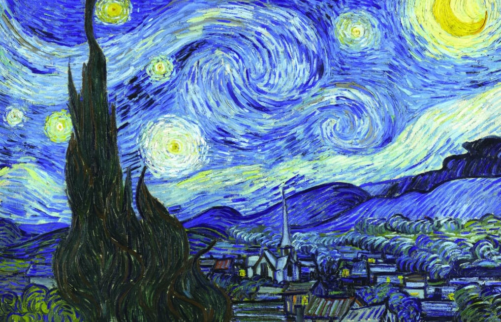 "A Noite Estrelada" de Vincent van Gogh, com seus traços expressivos e céu turbulento, demonstrando
