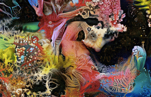 Obra de arte generativa de Sofia Crespo, mostrando uma criatura fantástica e colorida com texturas o
