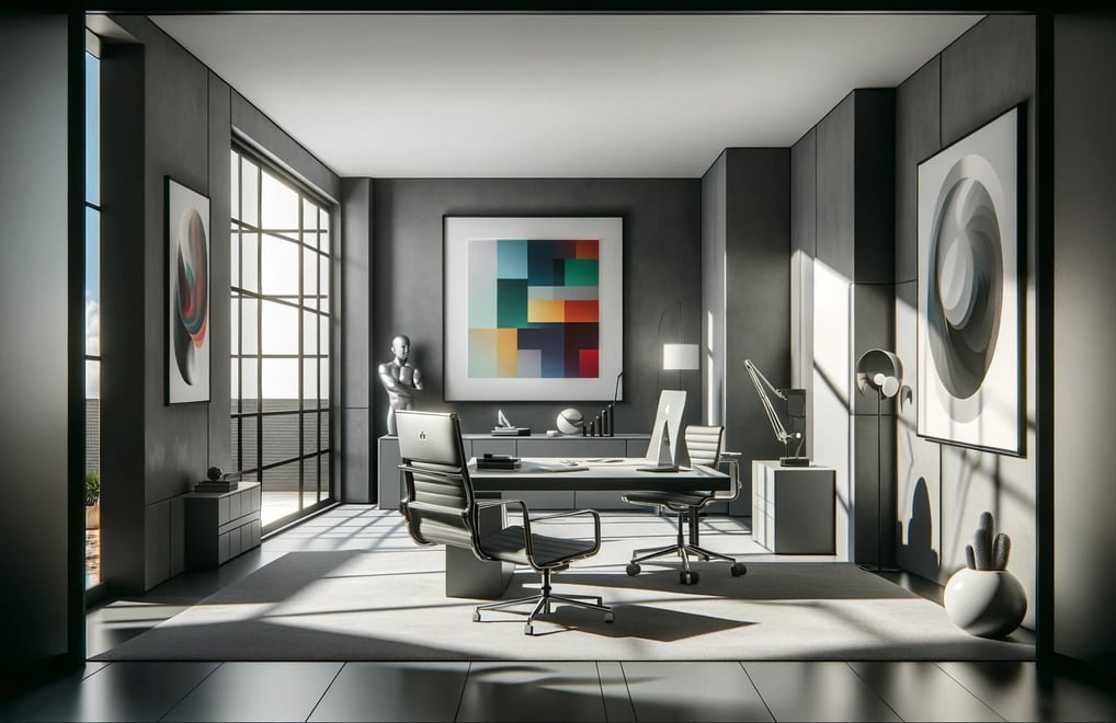Sala de escritório moderna com paredes cinzas, mobília de escritório elegante, uma pintura na parede