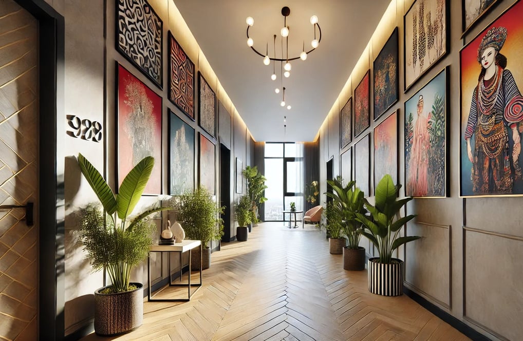 Corredor decorado com quadros coloridos nas paredes, plantas e iluminação suave, criando um ambiente