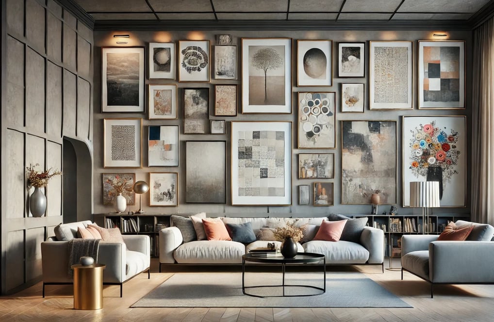 Galeria wall em uma sala de estar contemporânea com obras de arte emolduradas, sofá moderno, mesa