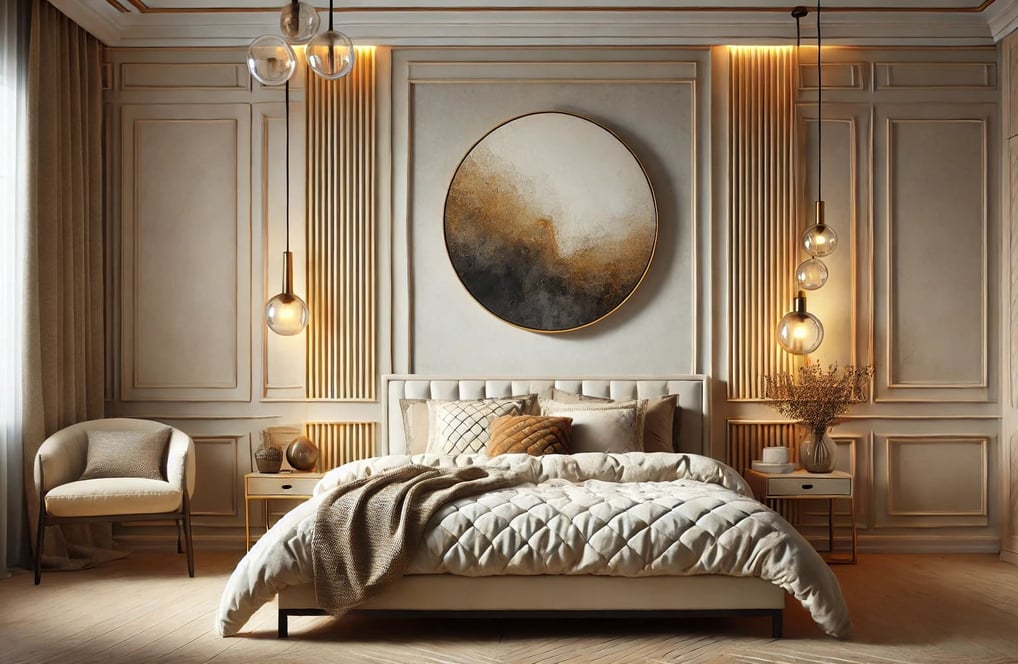 Quarto aconchegante com cama de casal, roupa de cama bege, luminárias laterais e obra de arte