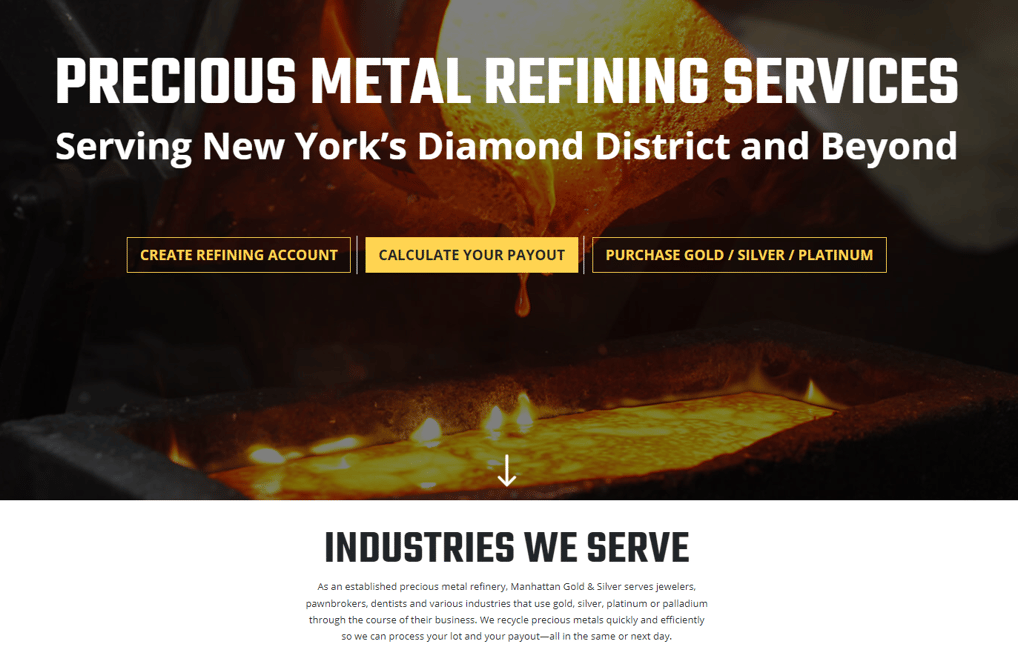 Image of UX copywriting sample from Glen Cadorette: Manhattan Gold & Silver homepage.