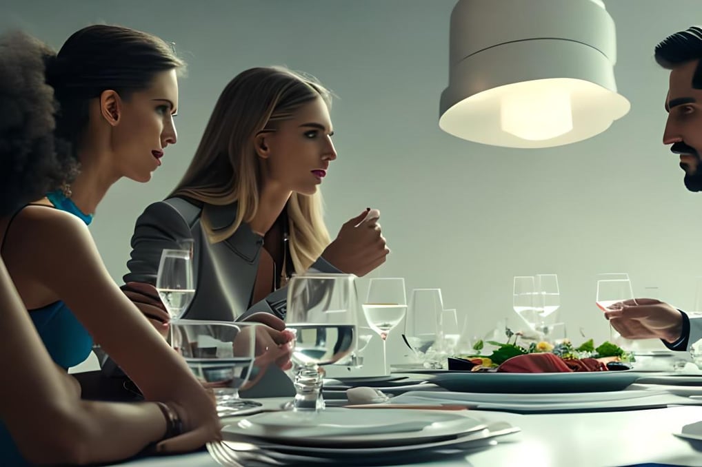 a group of people sitting at a table with wine glasses and plates