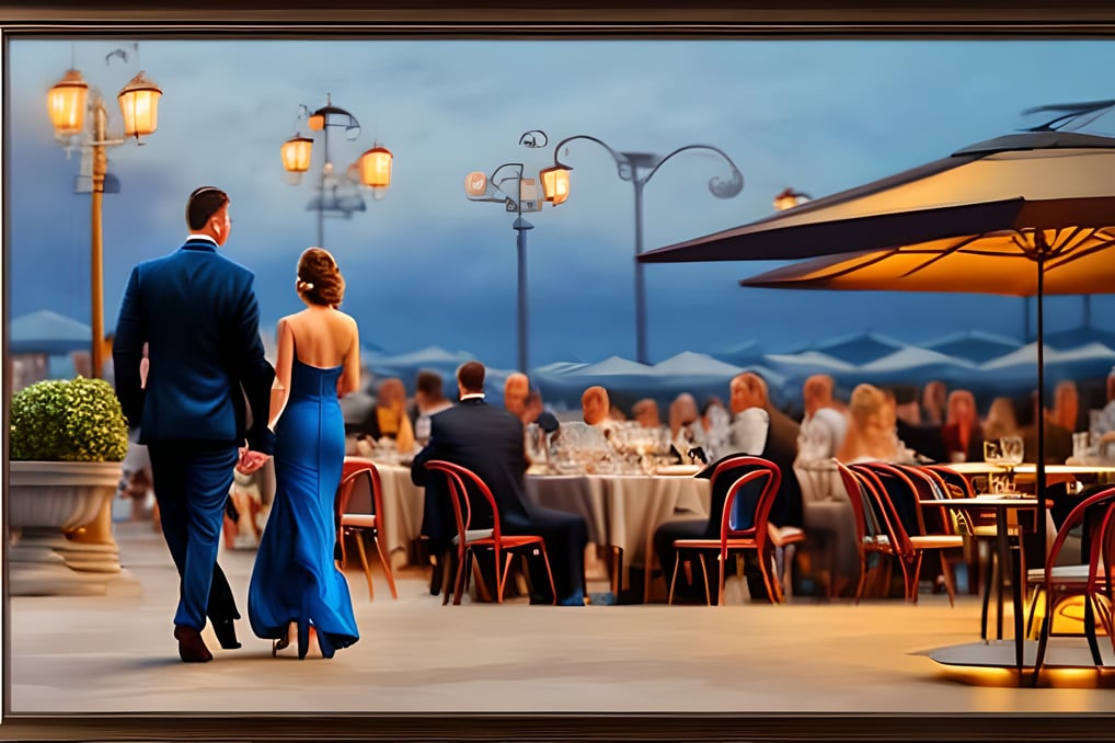 a man and woman walking near a restaurant