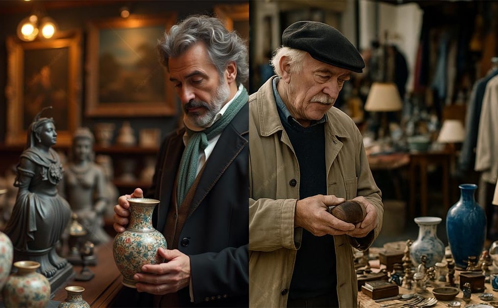 Un antiquaire dans un magasin d'antiquités, un brocanteur sur une brocante