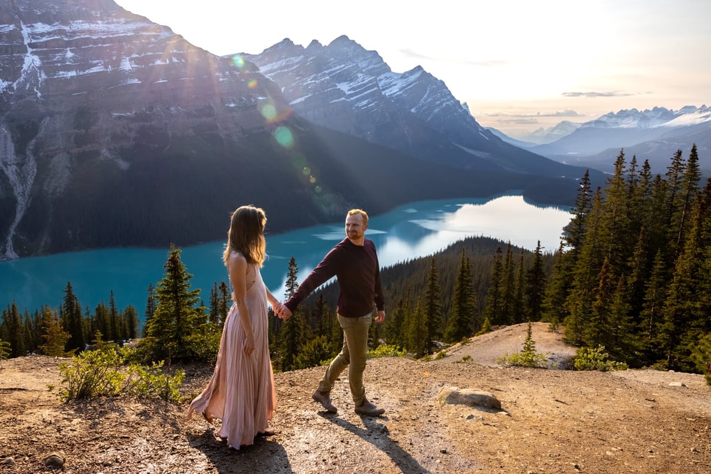 Couple walking at peyto lake