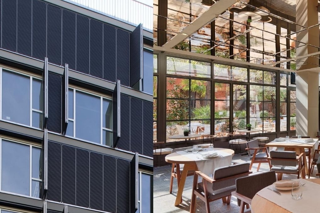 Edificio contemporáneo con cerramiento metálico exterior y líneas geométricas de diseño vanguardista