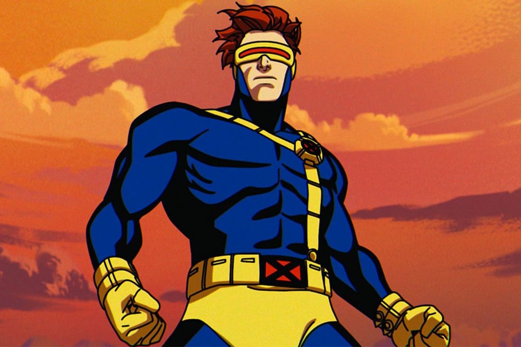 a man in a blue suit and yellow gloves