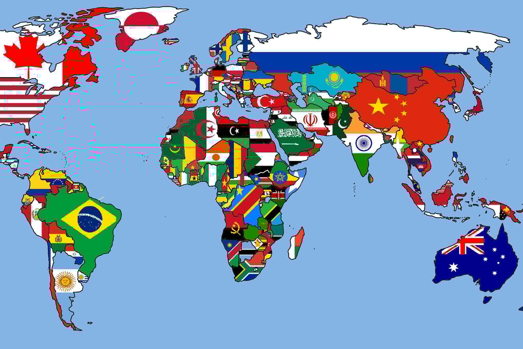 world map with each country flag in the shape of its county