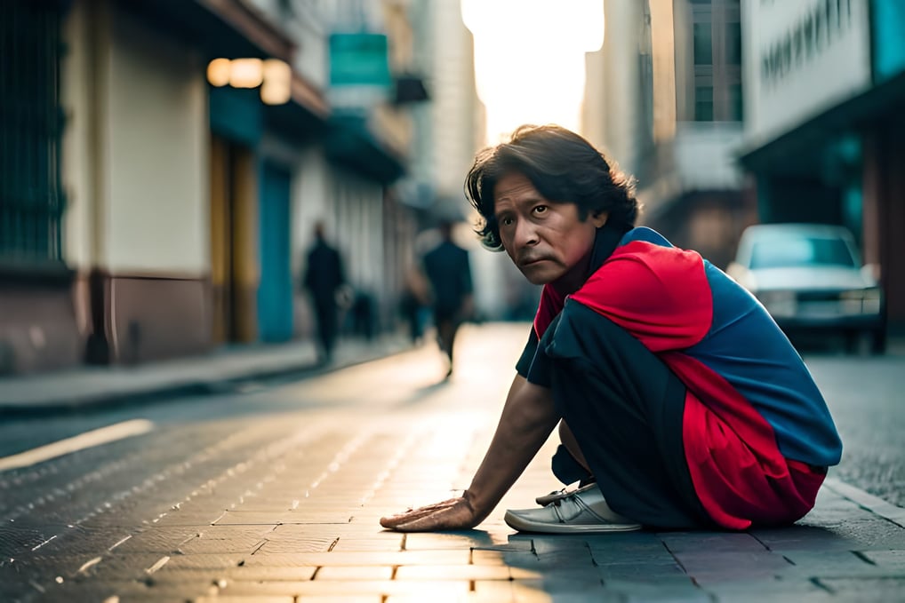 poor man sitting on the ground with his hands on his knees