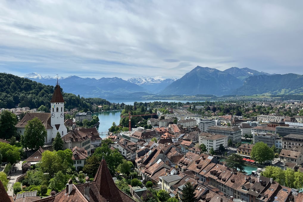 Looking out over Thun and the Alps from the top of Thun Castle in Switzerland