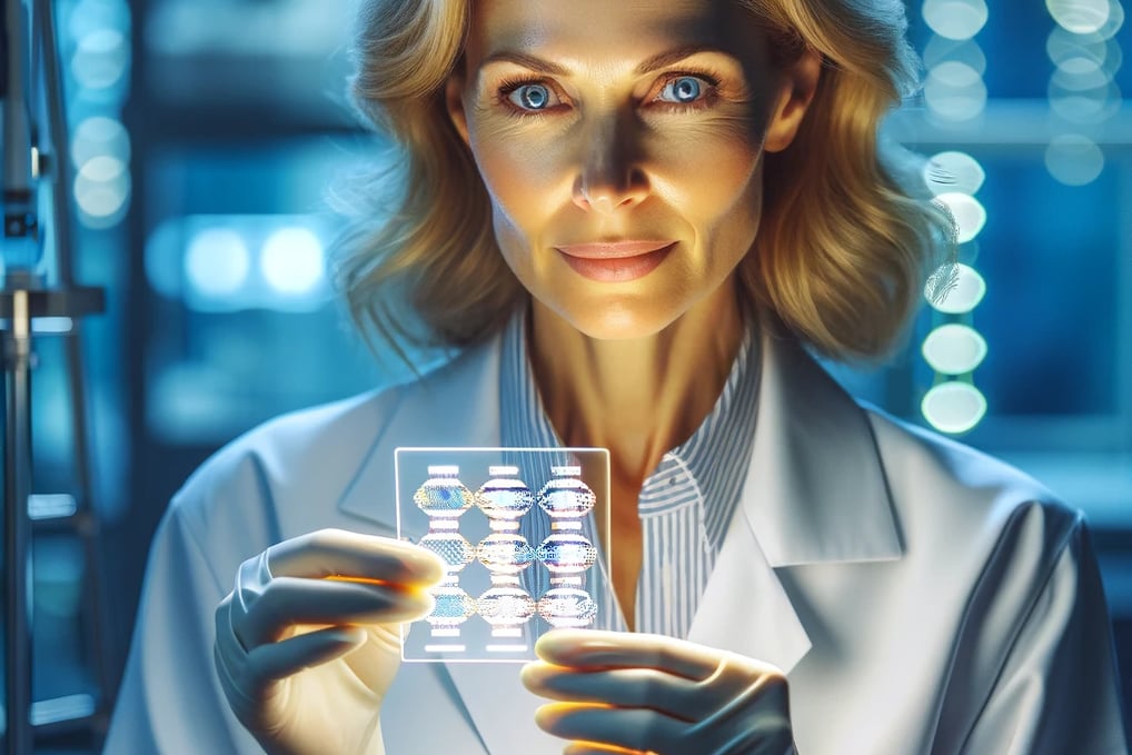 a woman in a lab coat holding a piece of glass