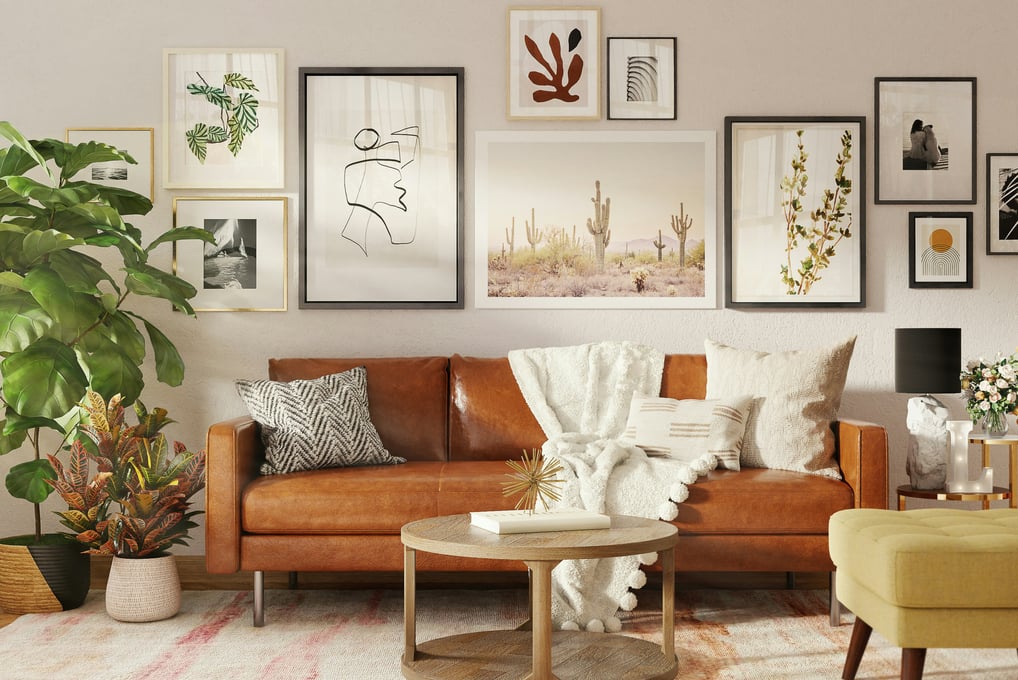 a living room with a couch and a table