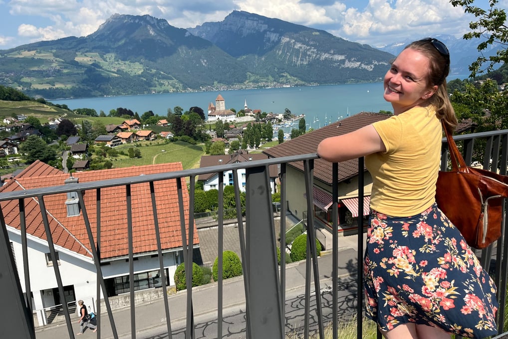Corinne from Hidden Switzerland Travel looking out over Spiez