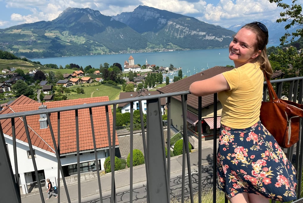 Corinne from Hidden Switzerland Travel looking out over Spiez