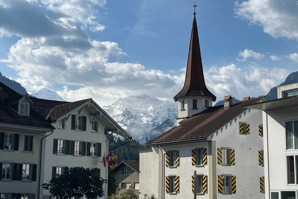 Jungfrau behind Schloss Unterseen in Interlaken Switzerland