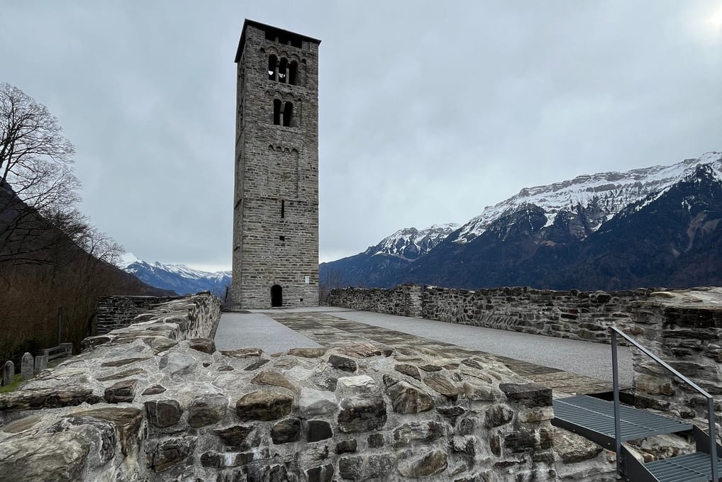 Looking up at the tower of Kirchenruine Goldswil in Interlaken Switzerland