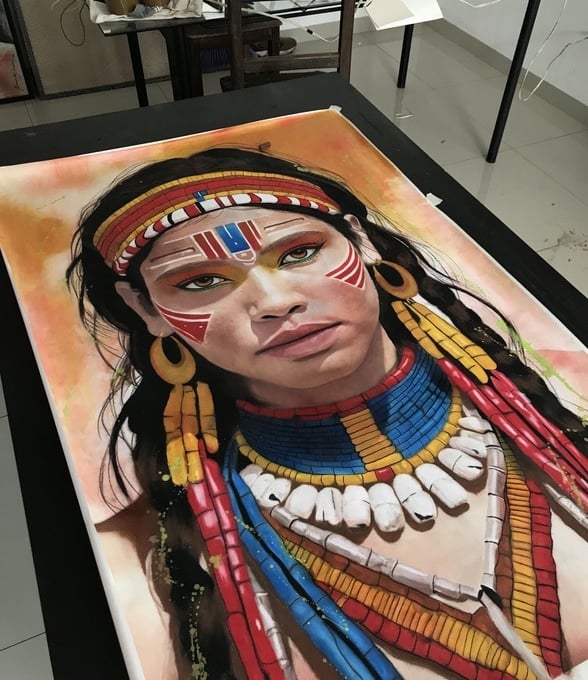 Pintura de uma india feito pela artista visual Amanda Amorim