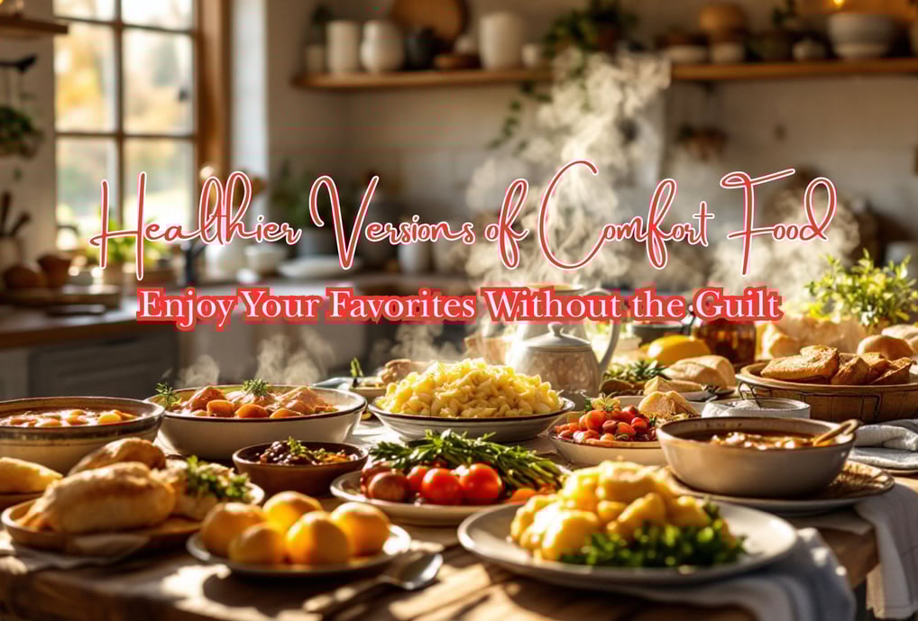 a kitchen table full of comfort food with the words Healthier Versions of Comfort Food: Enjoy Your F